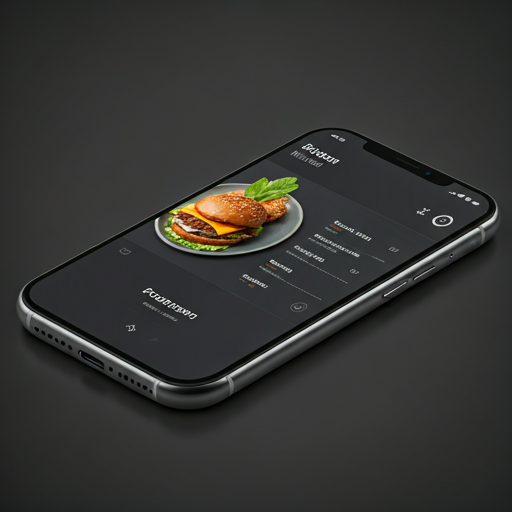 A high-fidelity minimalist UI design for a restaurant digital menu showing appetizing food and drink items like gourmet burgers and craft cocktails, displayed on a modern smartphone screen.