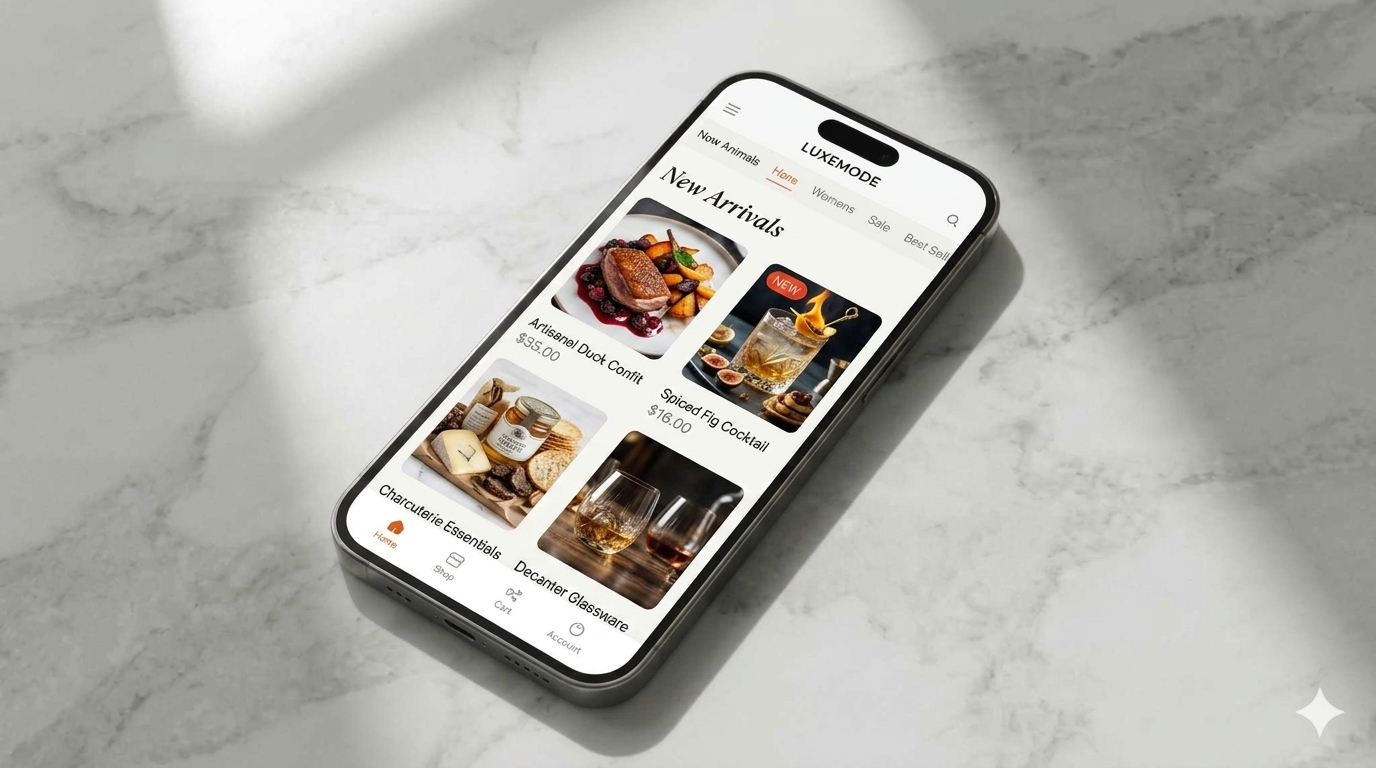 A high-fidelity mockup of a digital menu displayed on a modern smartphone, featuring a clean and elegant UI for a premium hospitality experience.